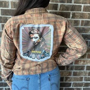 Upcycled Fonzie Flannel Shirt Vintage 1970's Iron On Bleach Dyed Button Down NWT